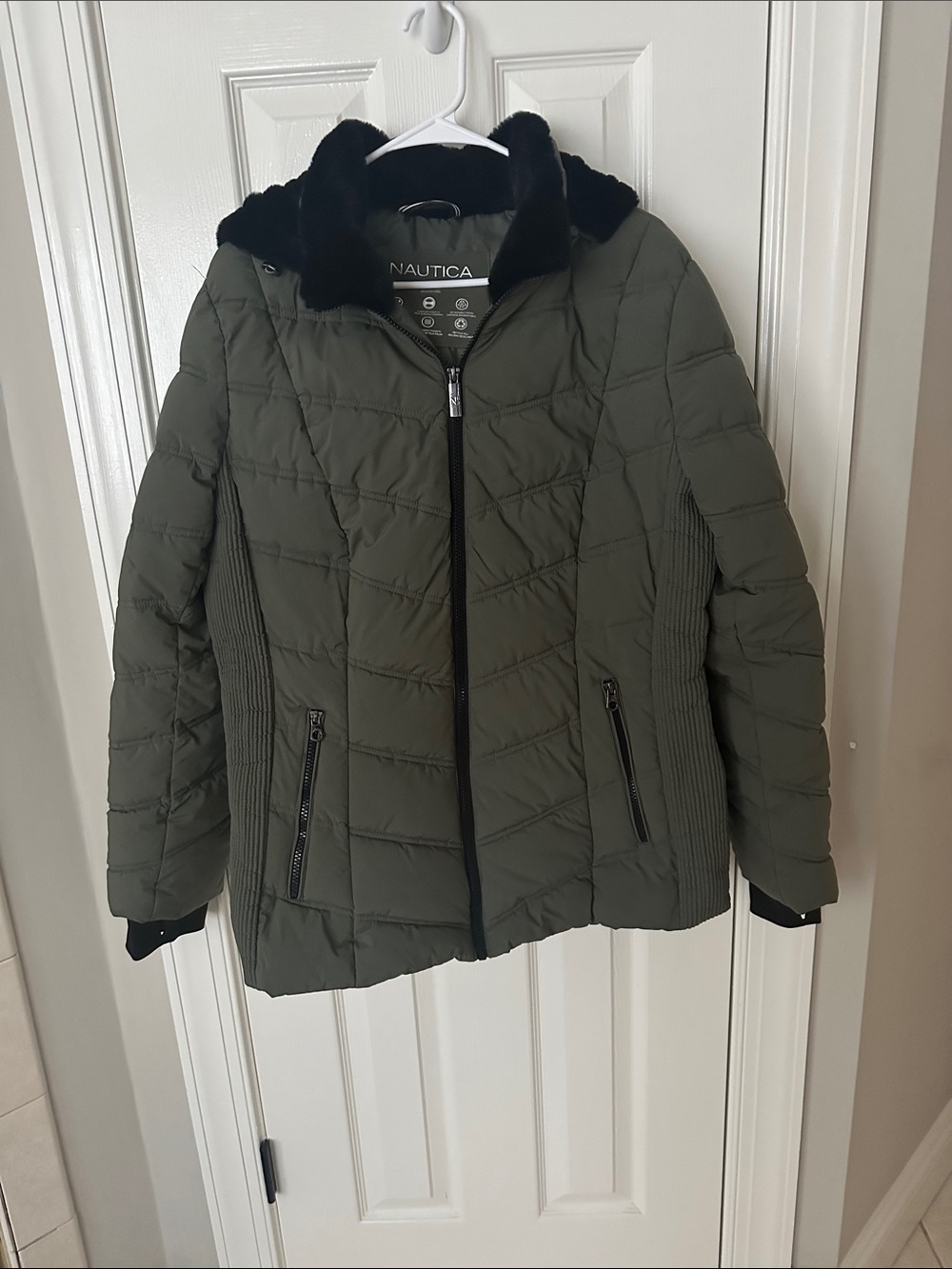 Nautica Olive Quilted Puffer Jacket with Black Faux Fur Collar